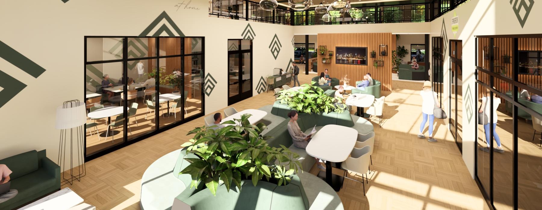 sunny, two-story lobby
