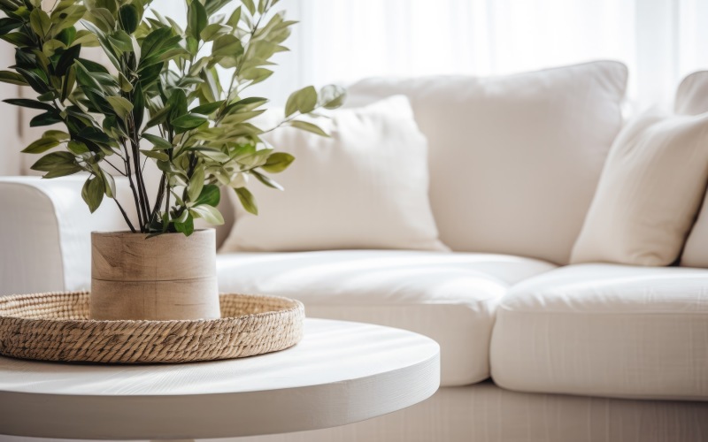 a living room with a couch and coffee table with a plant on it